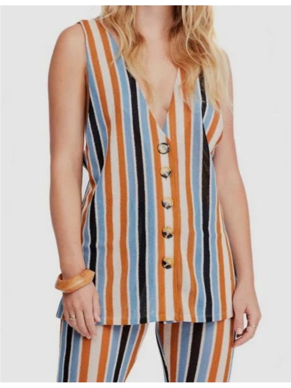 Sleeveless Striped Button V-Neck Top — Rust, Blue & Black